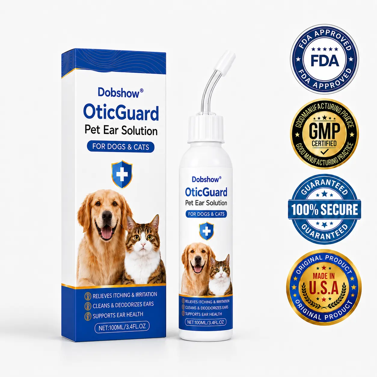OFFICIAL
BRAND
Dobshow® OticGuard Pet Ear Solution For Bacterial, Yeast & Ear Mite Care